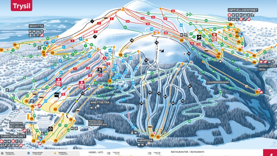 Overzicht van de pistes van het skigebied van Trysil-Sälenfjällen.